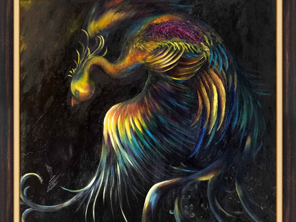 zümrütü anka, tuval, yağlı boya, simurg, phoenix, emerald phoenix