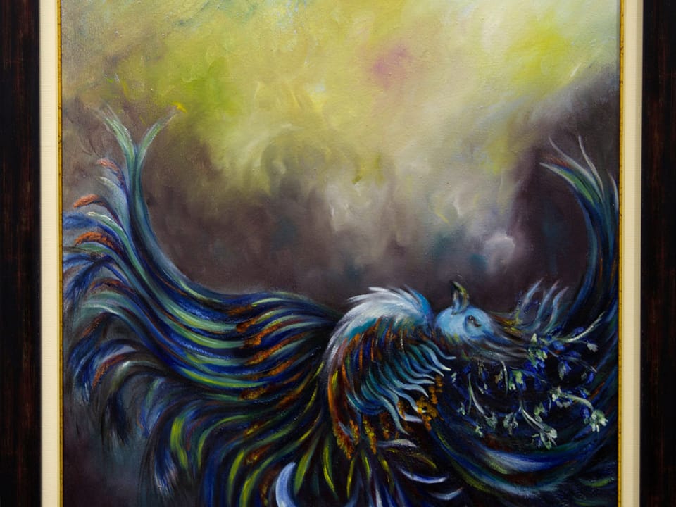 zümrütü anka, tuval, yağlı boya, simurg, phoenix, emerald phoenix