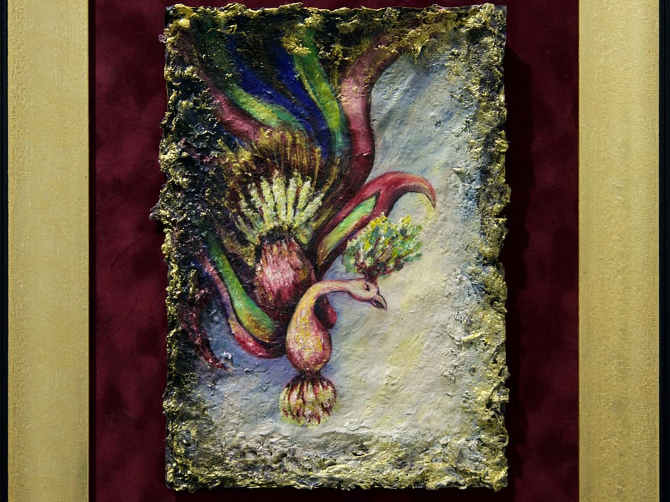 zümrütü anka, tuval, yağlı boya, simurg, phoenix, emerald phoenix